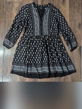 Relativity Women's Black & Gray Bohemian Floral Mini Flare Dress Tunic Buttons S
